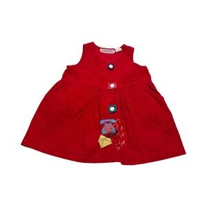Vintage Celebration Red Corduroy Jumper Dress Toddler 3T Telephone Applique 90s